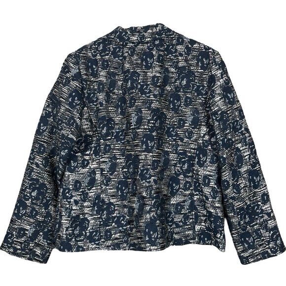 Chicos Tweed Floral Print Buttoned Blazer Jacket Navy Blue Black Gray Size 2 / L - Picture 2 of 7